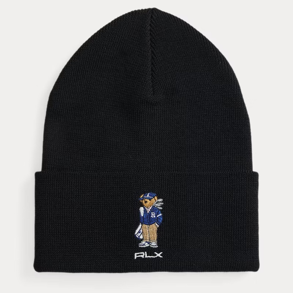 Ralph Lauren RLX Black Merino Wool Golf Polo Bear Beanie Knit Hat NWT